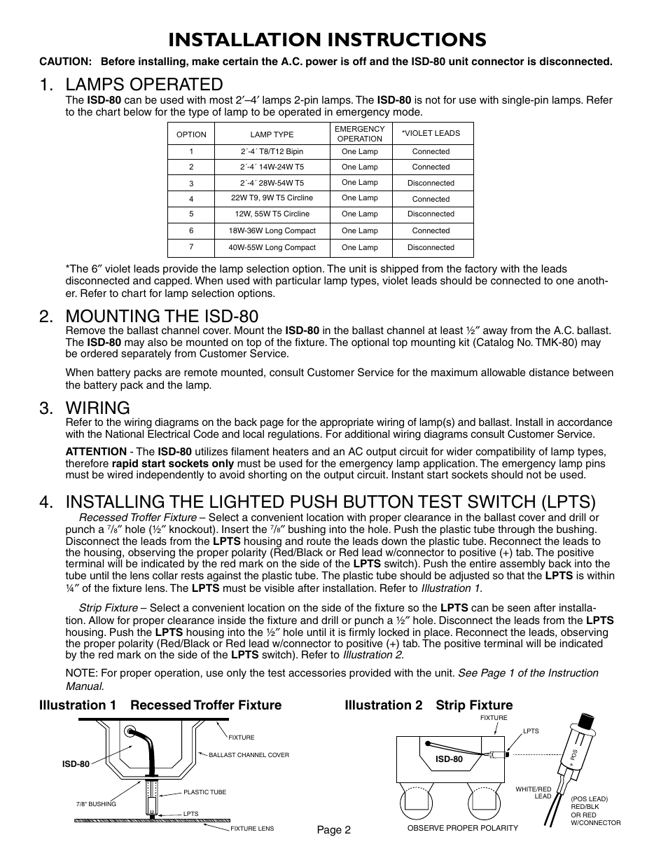 Installation instructions, Lamps operated, Mounting the isd-80 | Wiring | IOTA ISD-80 User Manual | Page 2 / 4