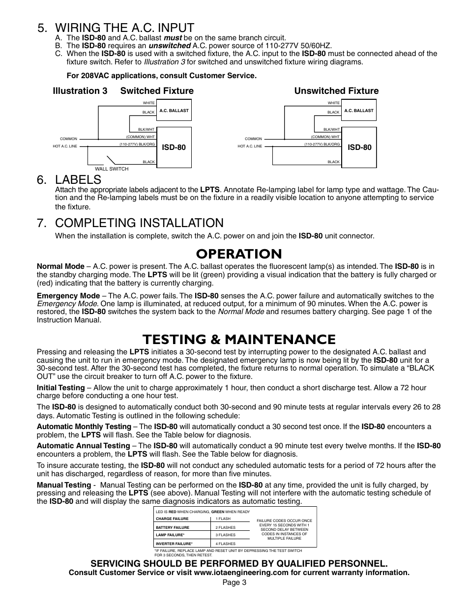 Operation, Testing & maintenance, Labels | Completing installation, Wiring the a.c. input, Illustration 3 switched fixture unswitched fixture | IOTA ISD-80 User Manual | Page 3 / 4
