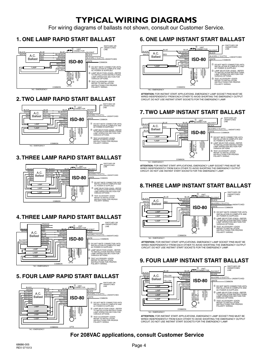 Typical wiring diagrams, For 208vac applications, consult customer service, Page 4 | Isd-80, A.c. ballast | IOTA ISD-80 User Manual | Page 4 / 4