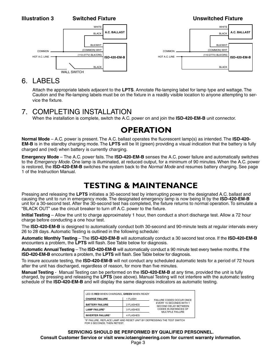 Operation, Testing & maintenance, Labels | Completing installation, Illustration 3, Switched fixture unswitched fixture | IOTA ISD-420-EM-B User Manual | Page 3 / 4