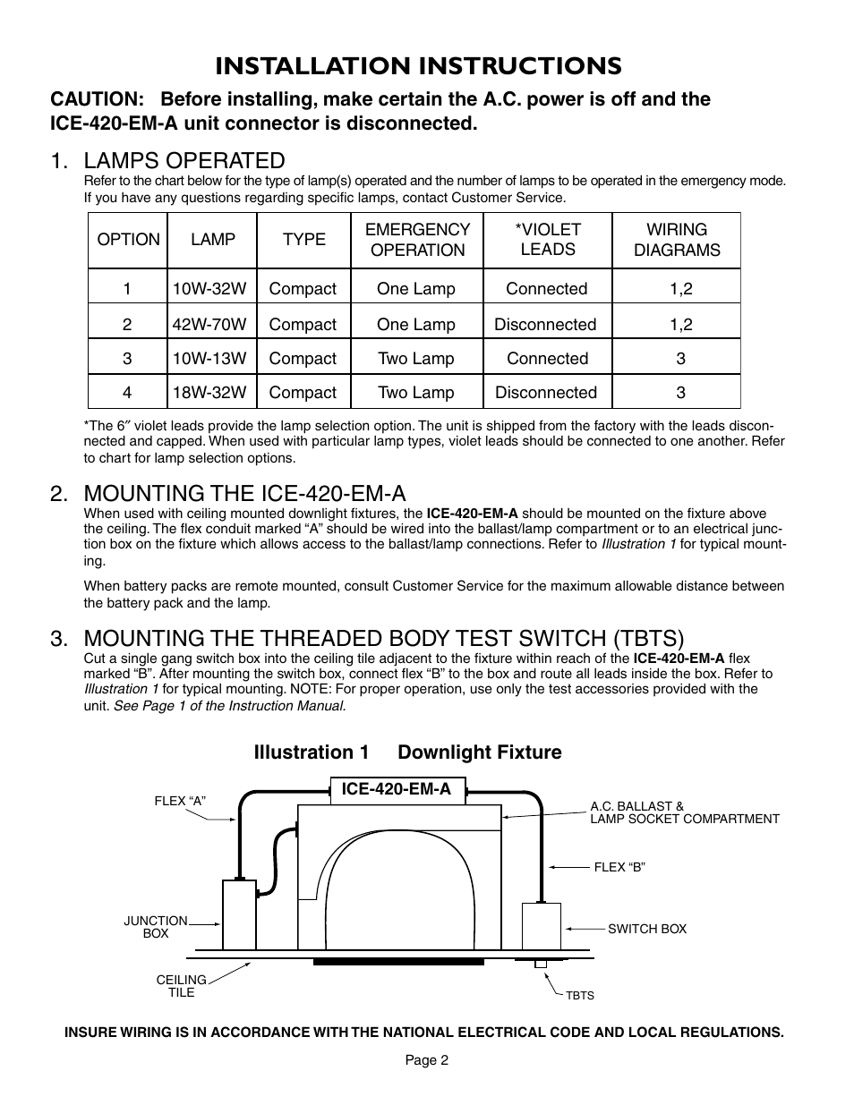 Installation instructions, Lamps operated, Mounting the ice-420-em-a | Mounting the threaded body test switch (tbts), Illustration 1 downlight fixture | IOTA ICE-420-EM-A User Manual | Page 2 / 4