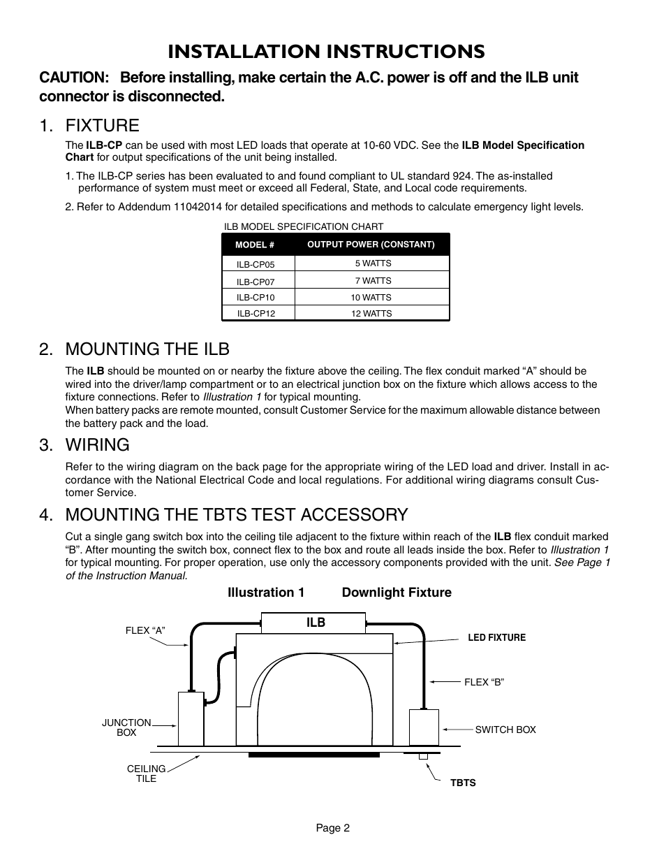Installation instructions, Fixture, Mounting the ilb | Wiring, Mounting the tbts test accessory | IOTA ILB-CP12 User Manual | Page 2 / 5