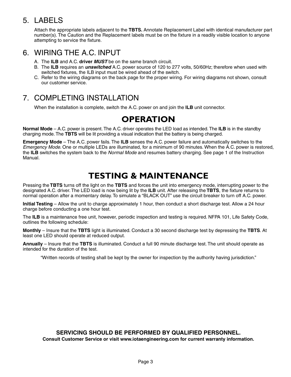 Operation, Testing & maintenance, Labels | Wiring the a.c. input, Completing installation | IOTA ILB-CP12 User Manual | Page 3 / 5