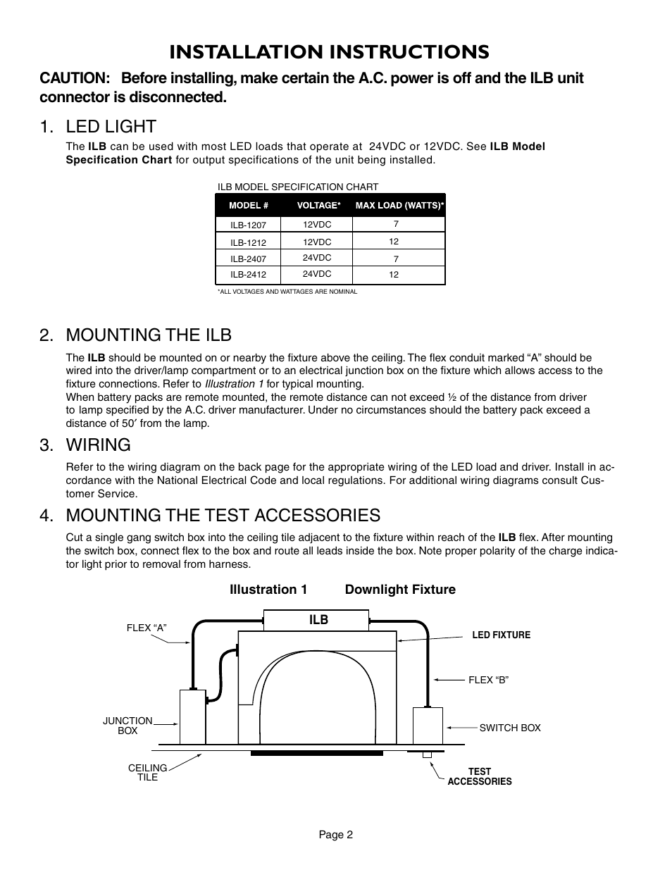 Installation instructions, Led light, Mounting the ilb | Wiring, Mounting the test accessories | IOTA ILB-2412 User Manual | Page 2 / 4