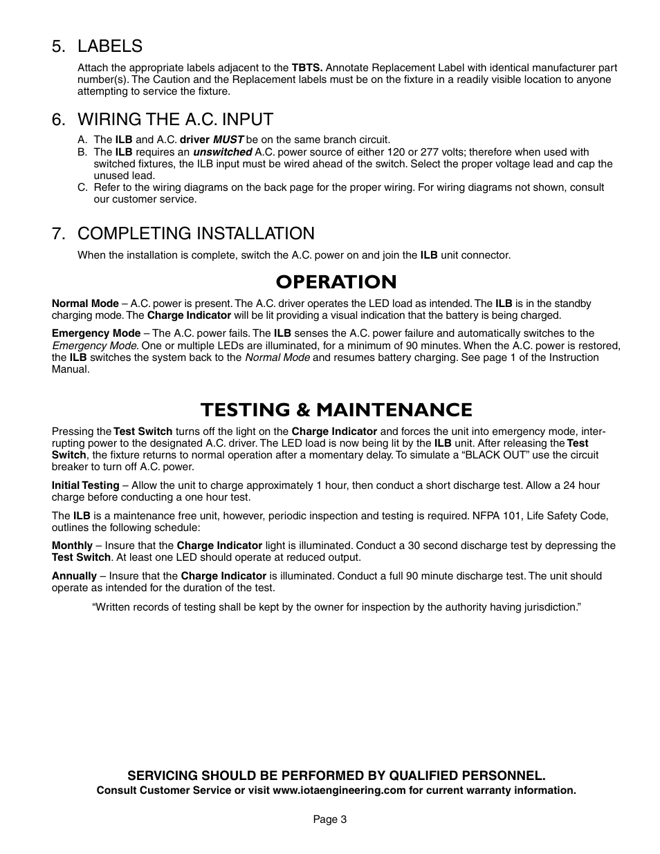 Operation, Testing & maintenance, Labels | Wiring the a.c. input, Completing installation | IOTA ILB-2412 User Manual | Page 3 / 4