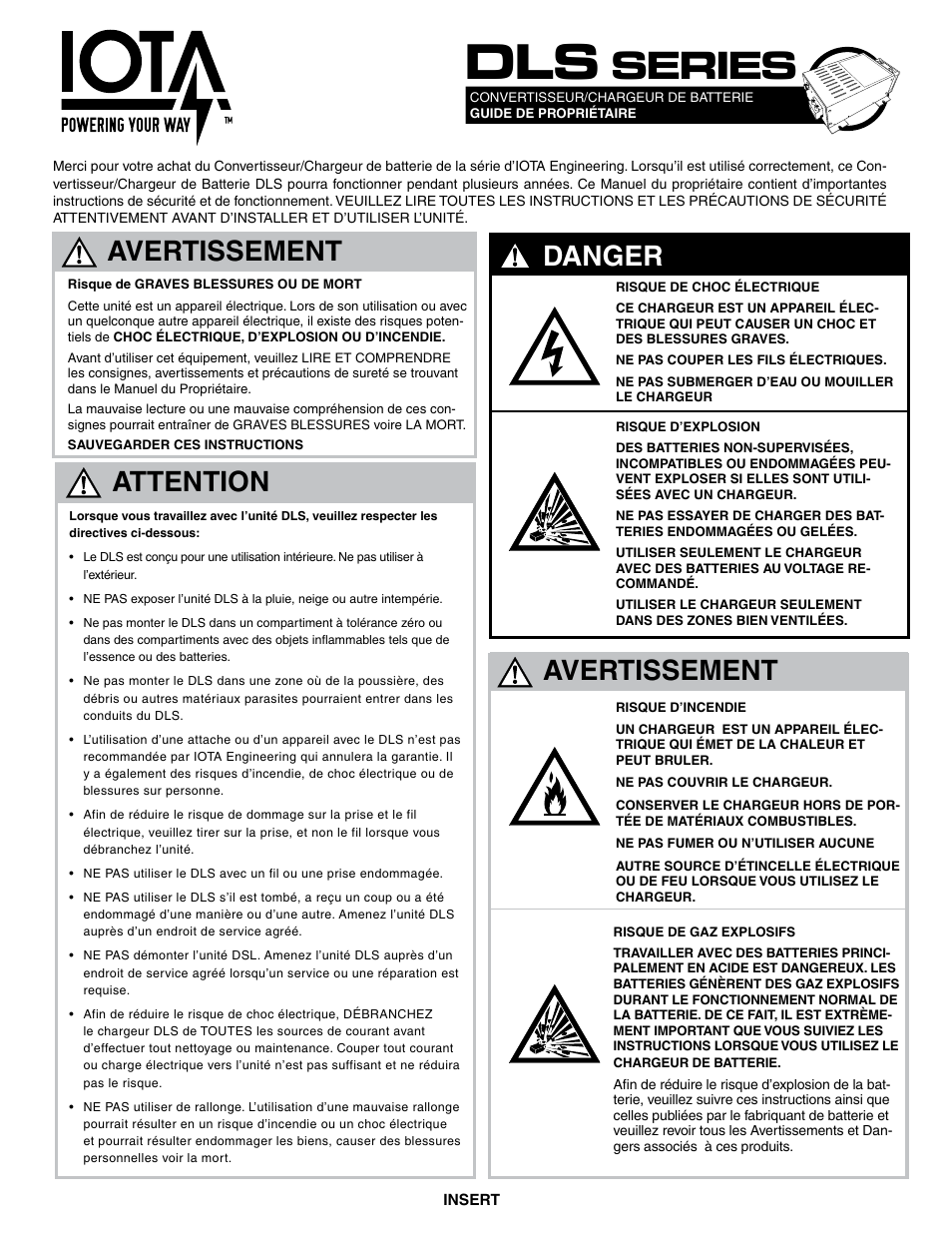 Series, Avertissement, Danger | Attention | IOTA DLS-27-40 User Manual | Page 5 / 5
