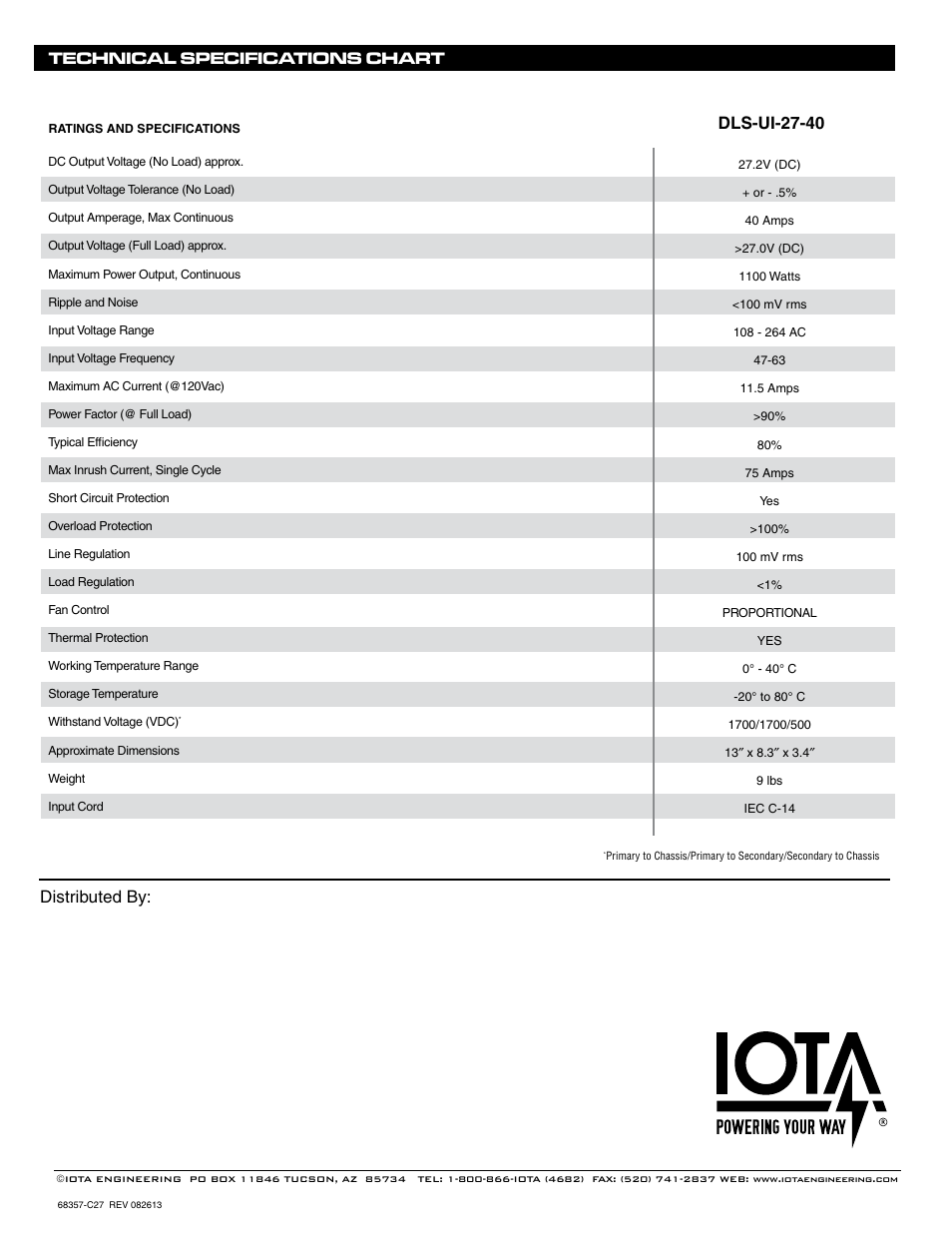 Distributed by: technical specifications chart, Dls-ui-27-40 | IOTA DLS-UI-27-40 User Manual | Page 4 / 5