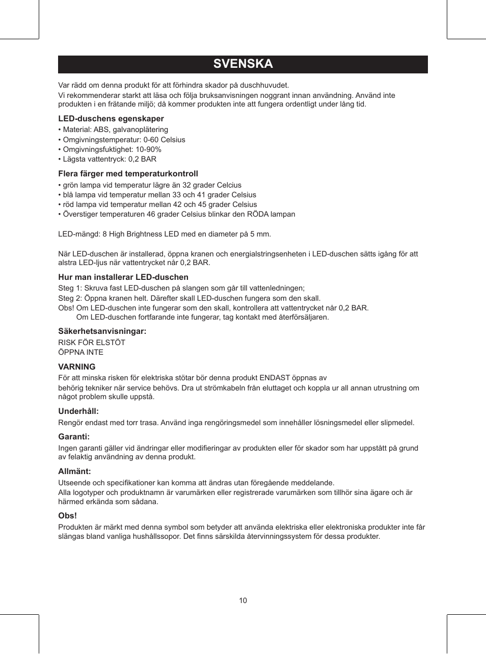 Svenska, Bruksanvisning (s. 10), Flerfärgad led-dusch | Konig Electronic LED shower head User Manual | Page 10 / 14