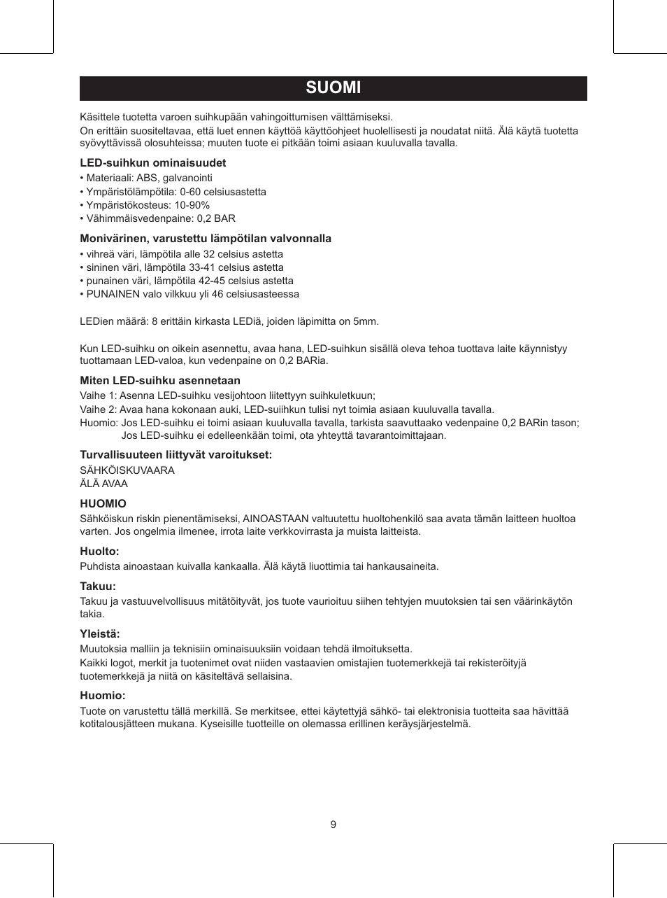 Suomi, Käyttöohje (s. 9), Monivärinen led-suihku | Konig Electronic LED shower head User Manual | Page 9 / 14