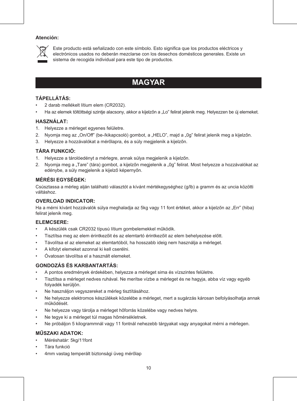 Használati útmutató (o. 10.), Háztartási mérleg, Magyar | Konig Electronic Kitchen scale User Manual | Page 10 / 21