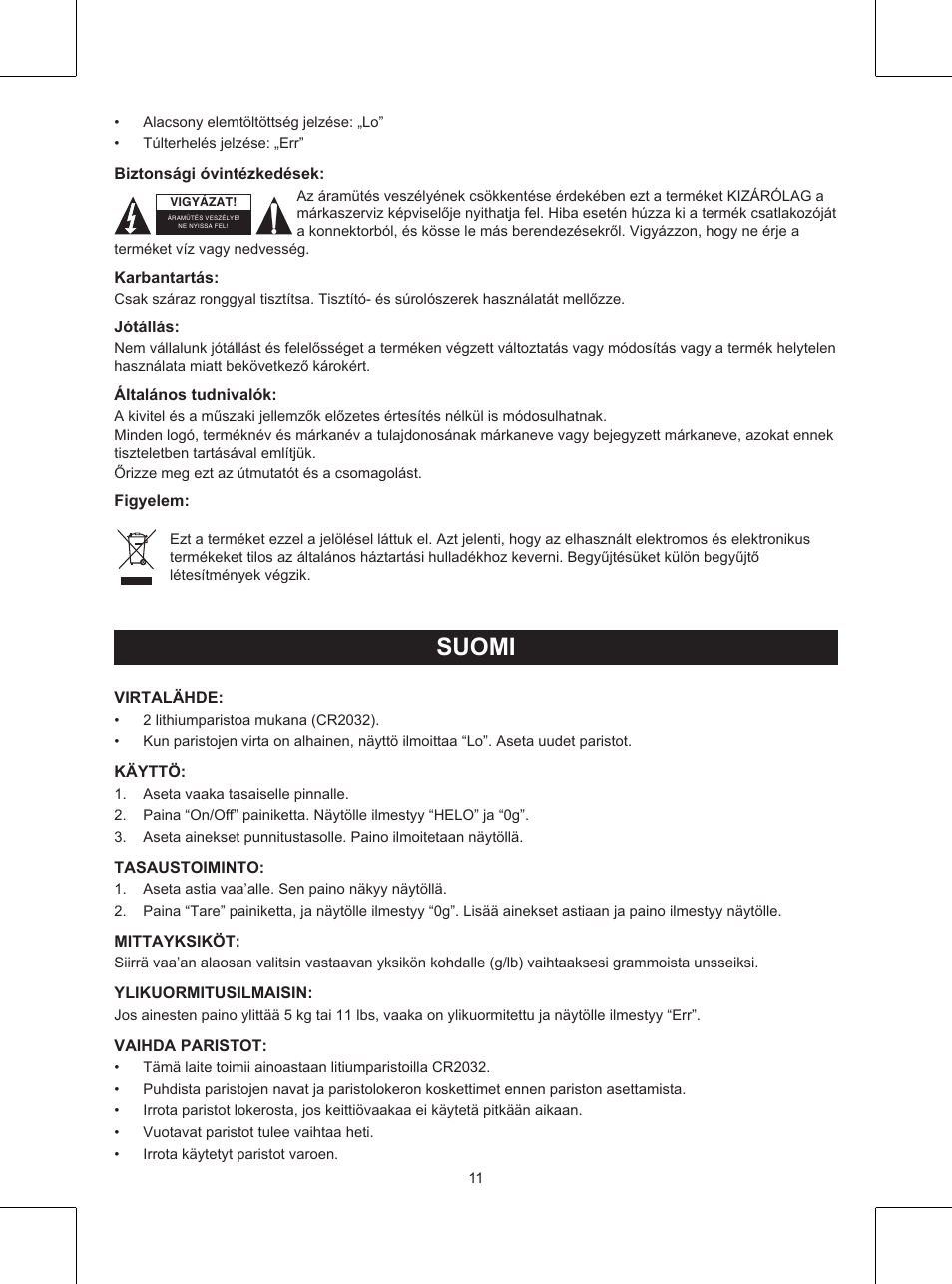 Käyttöohje (s. 11), Keittiövaaka, Suomi | Konig Electronic Kitchen scale User Manual | Page 11 / 21
