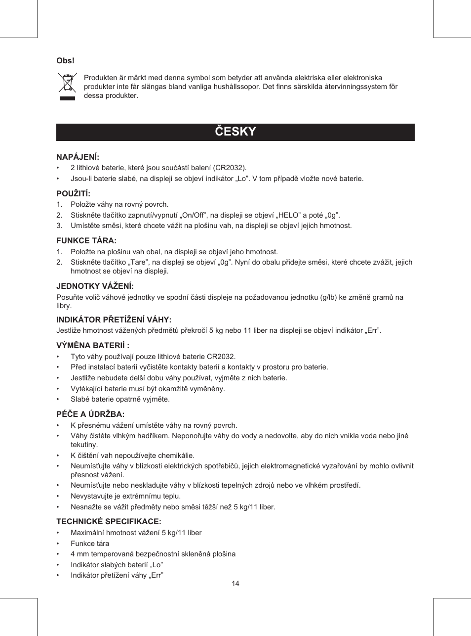 Návod k použití (s. 14), Kuchyňské váhy, Česky | Konig Electronic Kitchen scale User Manual | Page 14 / 21