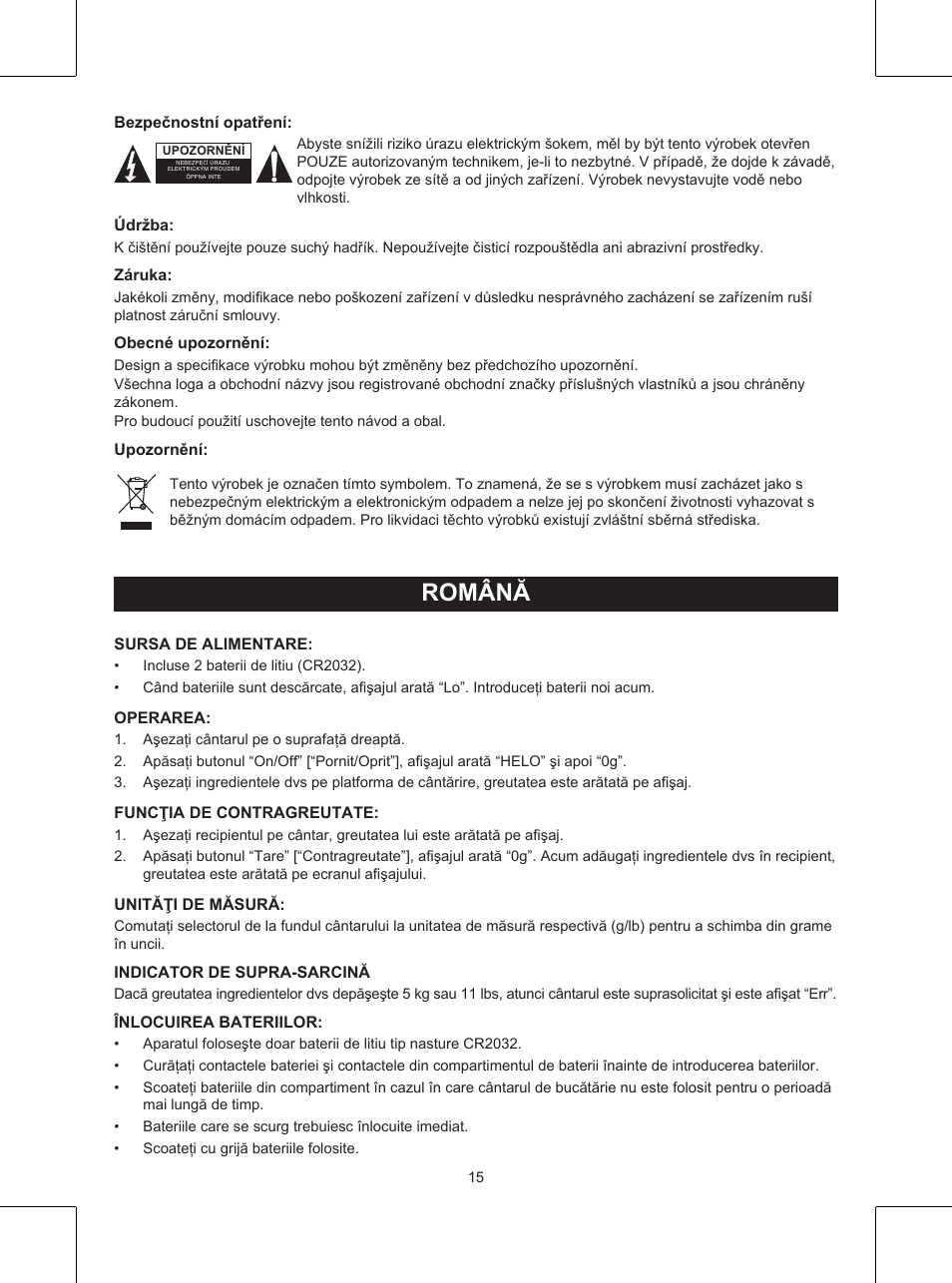 Manual de utilizare (p. 15), Cântar de bucătărie, Română | Konig Electronic Kitchen scale User Manual | Page 15 / 21