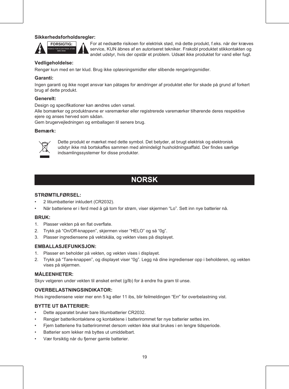 Veiledning (p. 19), Kjøkkenvekt, Norsk | Konig Electronic Kitchen scale User Manual | Page 19 / 21