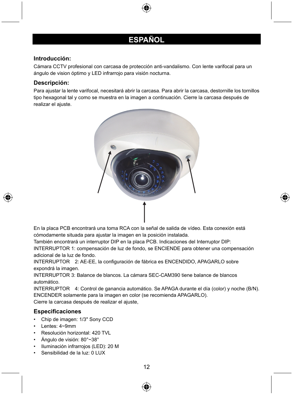 Español | Konig Electronic Vandal proof CCTV camera User Manual | Page 12 / 35