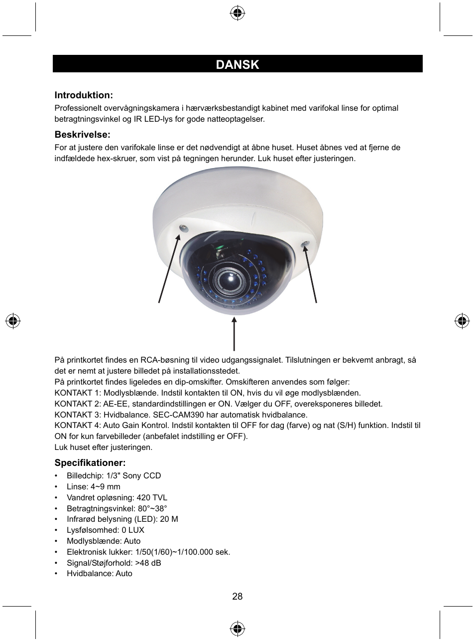 Dansk | Konig Electronic Vandal proof CCTV camera User Manual | Page 28 / 35