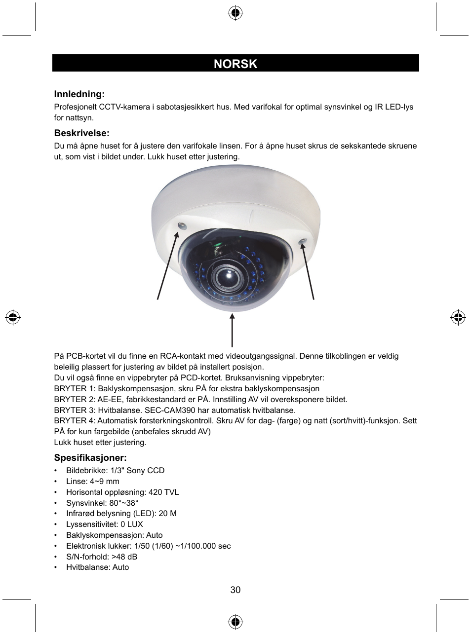 Norsk | Konig Electronic Vandal proof CCTV camera User Manual | Page 30 / 35