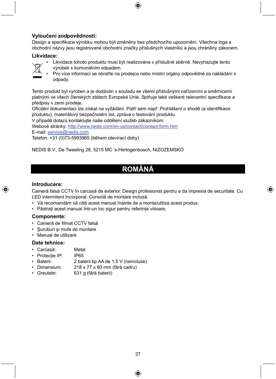 Română | Konig Electronic Dummy outdoor camera User Manual | Page 27 / 41