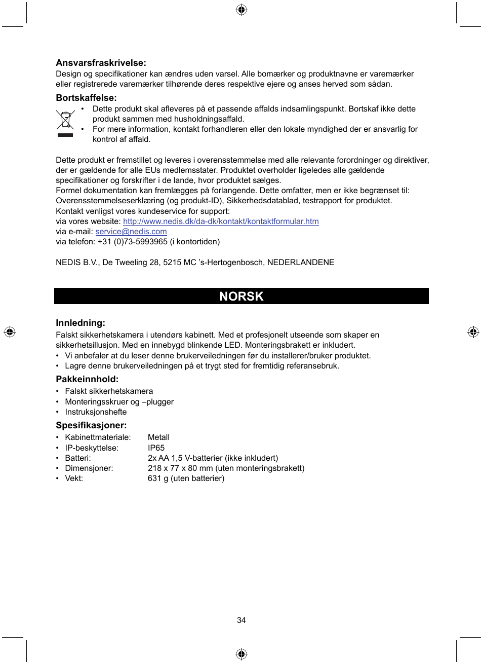 Norsk | Konig Electronic Dummy outdoor camera User Manual | Page 34 / 41