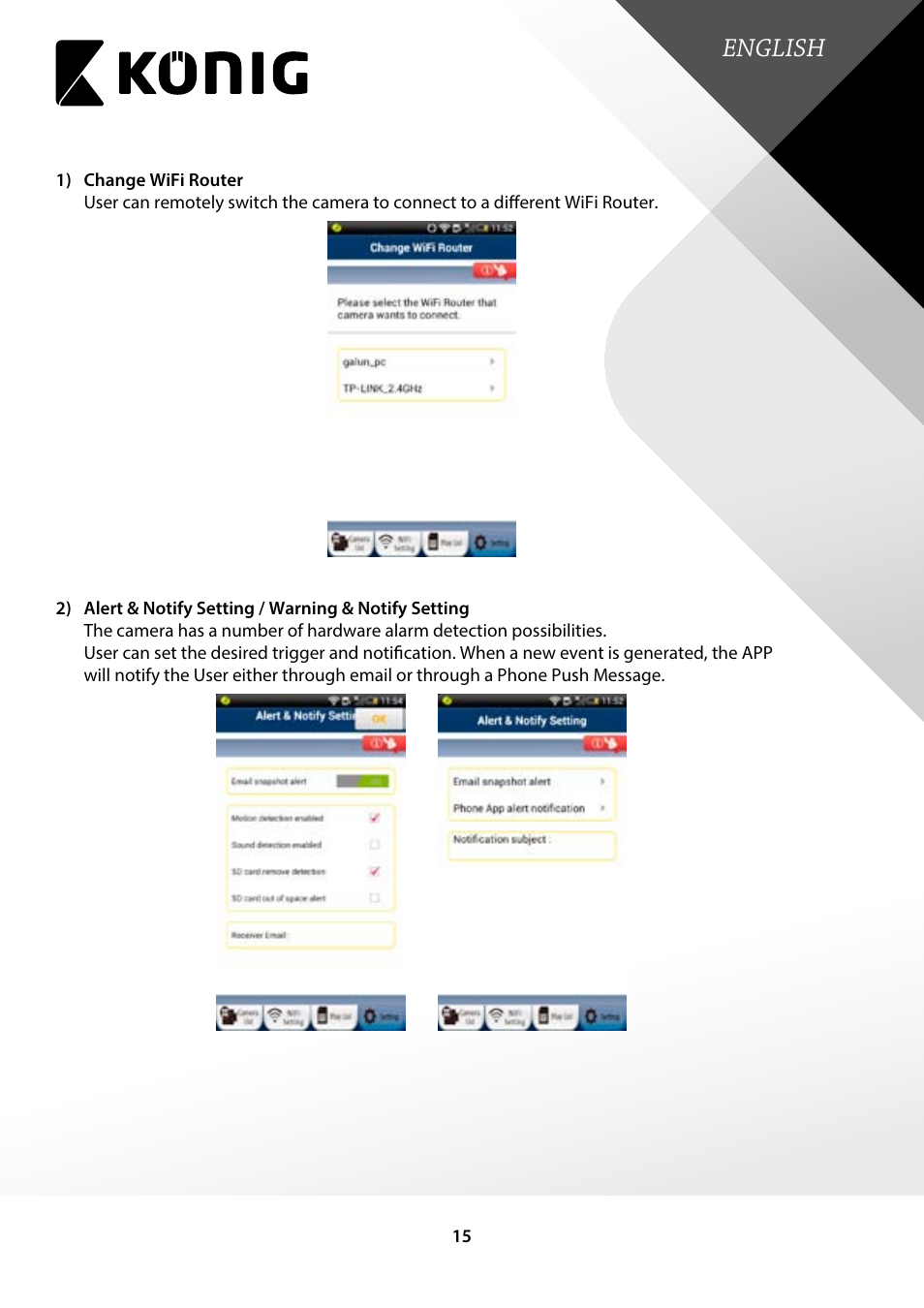 English | Konig Electronic Indoor pan-tilt IP camera remote video surveillance User Manual | Page 15 / 23