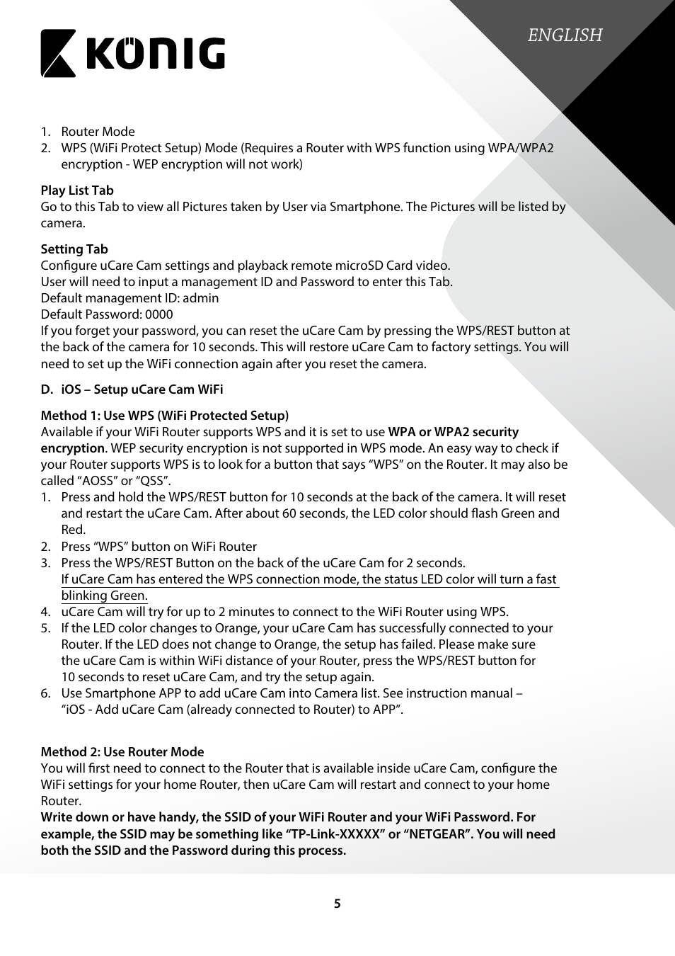 English | Konig Electronic Indoor pan-tilt IP camera remote video surveillance User Manual | Page 5 / 23