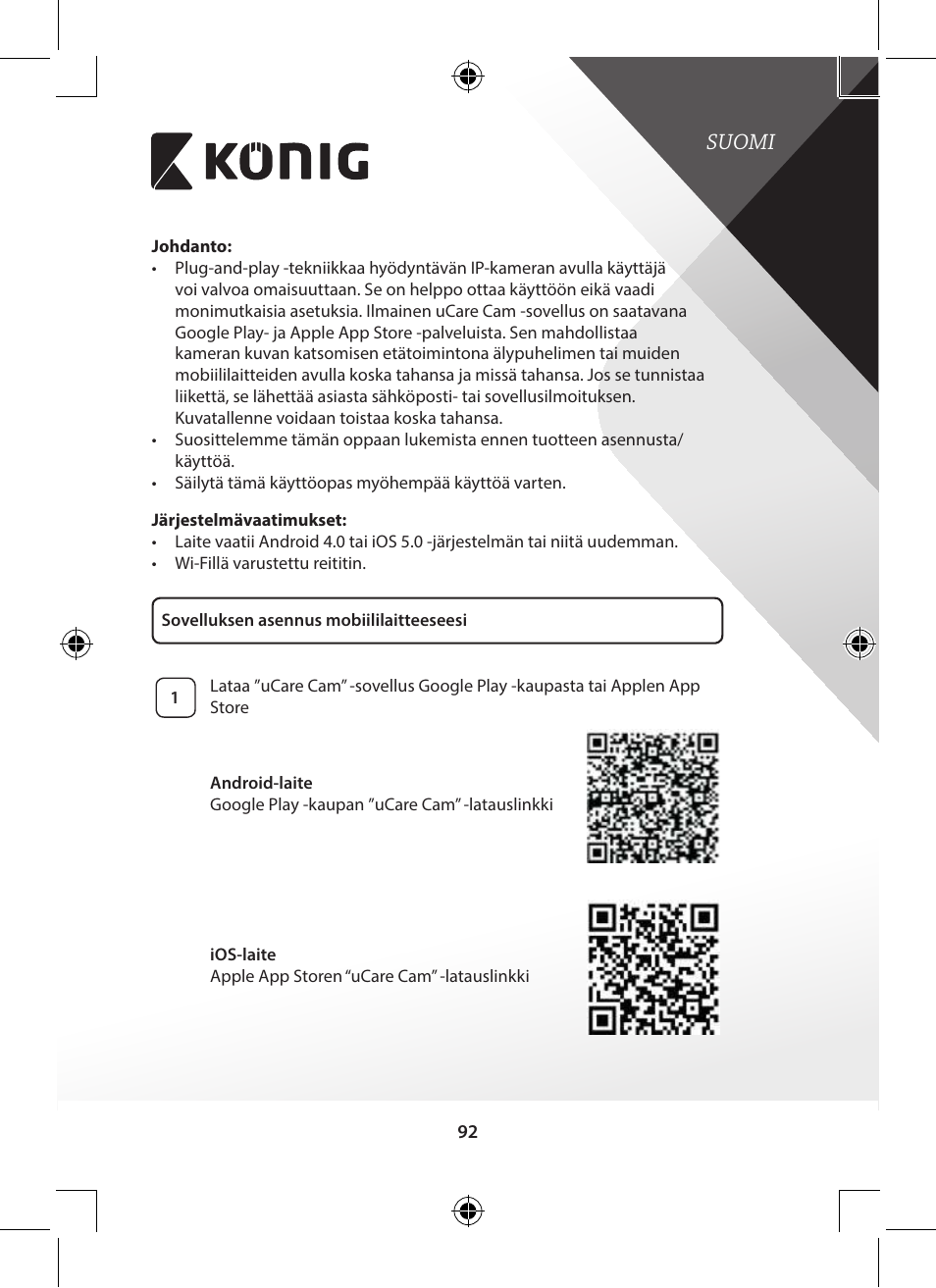 Suomi | Konig Electronic Outdoor IP camera remote video surveillance User Manual | Page 92 / 281