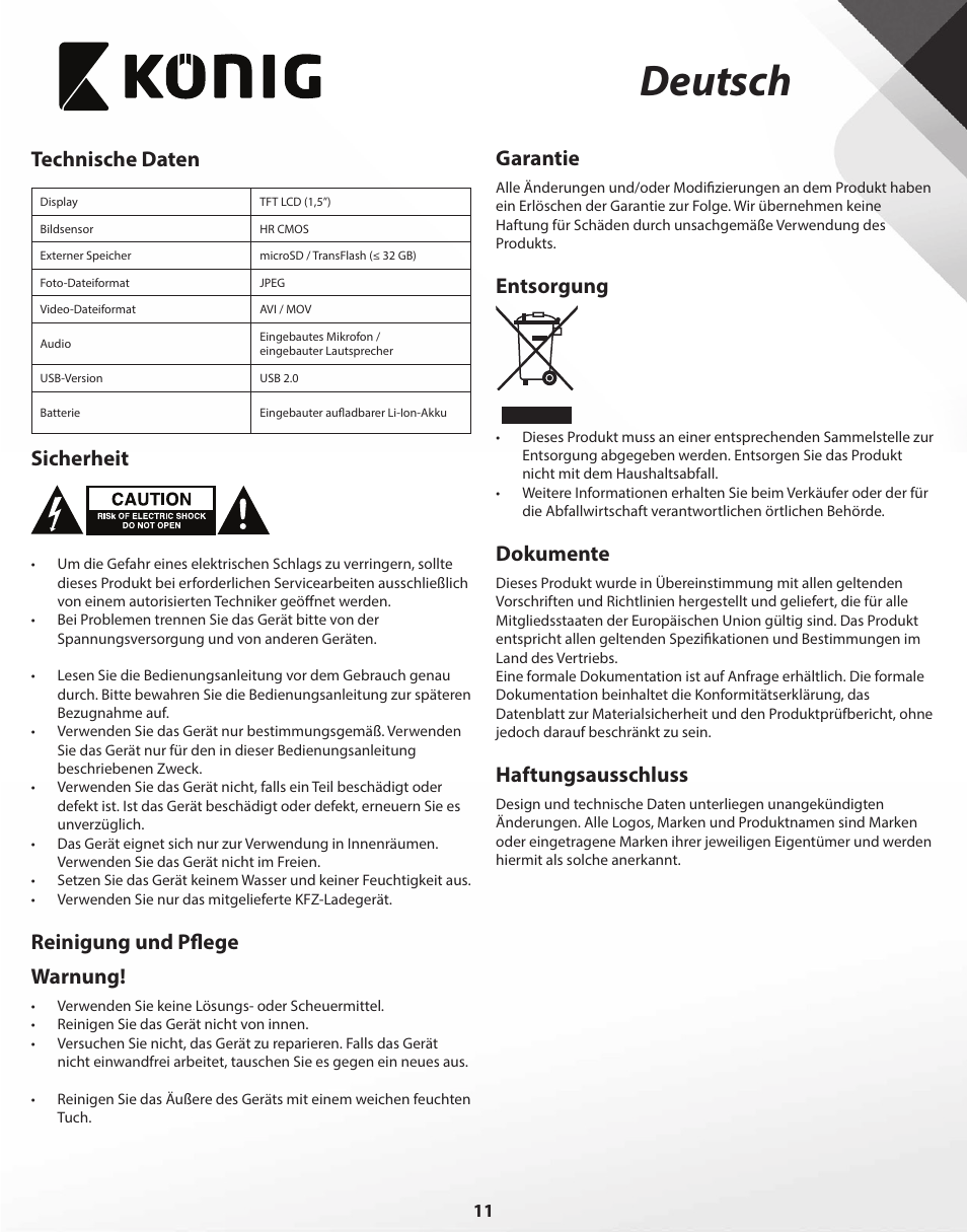 Deutsch, Technische daten, Sicherheit | Reinigung und pflege warnung, Garantie, Entsorgung, Dokumente, Haftungsausschluss | Konig Electronic Full HD car camera User Manual | Page 11 / 80