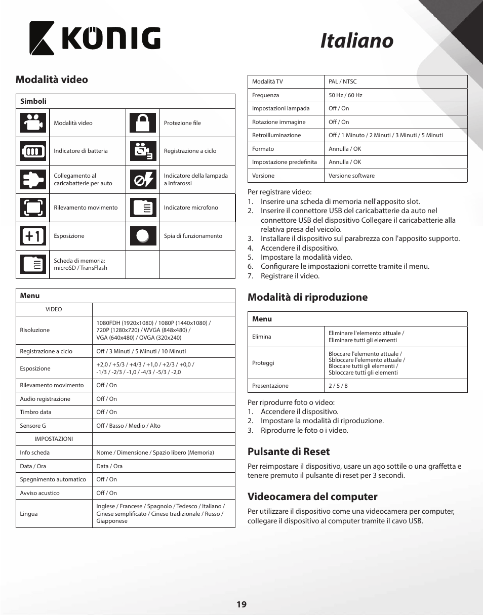 Italiano, Modalità video, Modalità di riproduzione | Pulsante di reset, Videocamera del computer | Konig Electronic Full HD car camera User Manual | Page 19 / 80