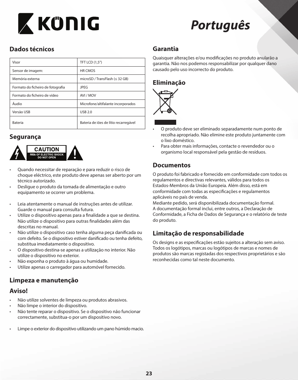 Português, Dados técnicos, Segurança | Limpeza e manutenção aviso, Garantia, Eliminação, Documentos, Limitação de responsabilidade | Konig Electronic Full HD car camera User Manual | Page 23 / 80