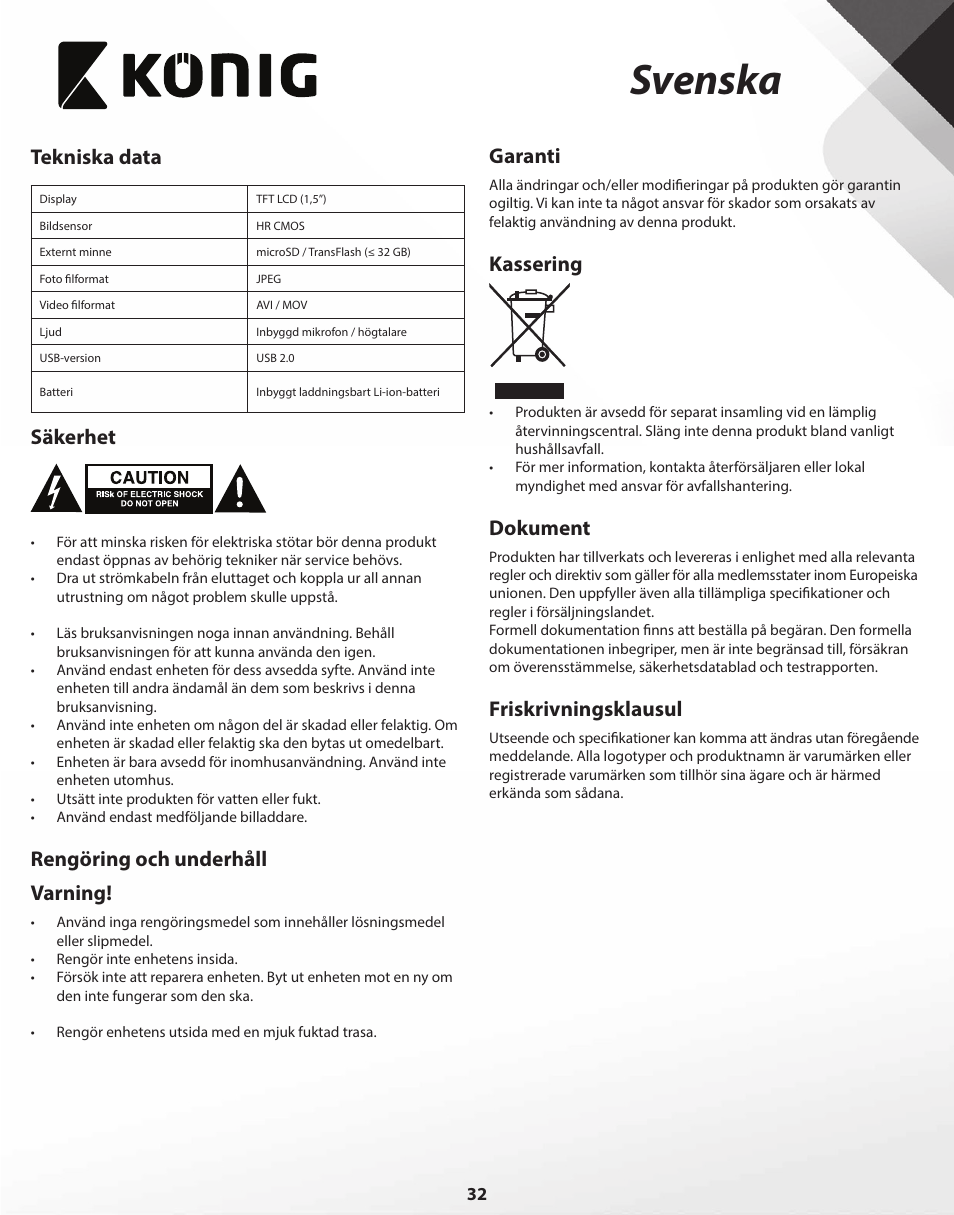 Svenska, Tekniska data, Säkerhet | Rengöring och underhåll varning, Garanti, Kassering, Dokument, Friskrivningsklausul | Konig Electronic Full HD car camera User Manual | Page 32 / 80
