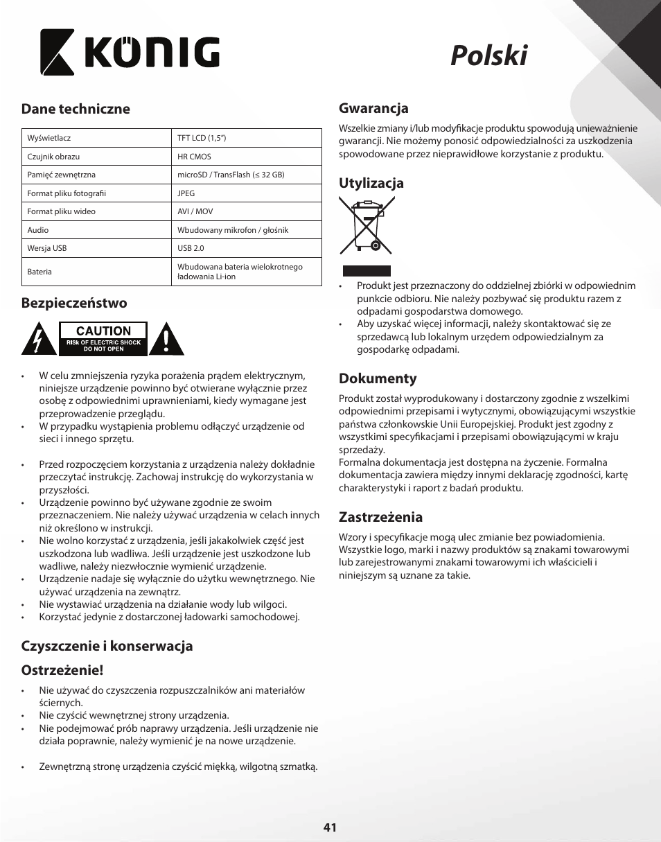 Polski, Dane techniczne, Bezpieczeństwo | Czyszczenie i konserwacja ostrzeżenie, Gwarancja, Utylizacja, Dokumenty, Zastrzeżenia | Konig Electronic Full HD car camera User Manual | Page 41 / 80