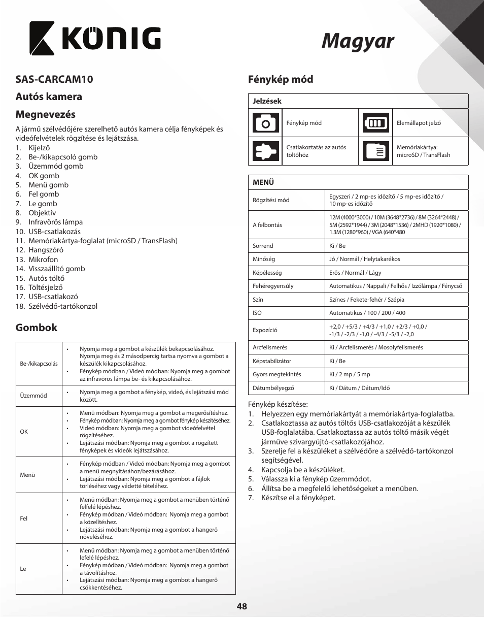 Magyar, Sas-carcam10 autós kamera megnevezés, Gombok | Fénykép mód | Konig Electronic Full HD car camera User Manual | Page 48 / 80