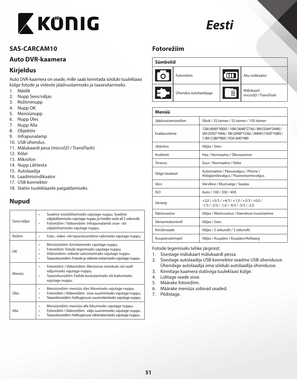 Eesti, Sas-carcam10 auto dvr-kaamera kirjeldus, Nupud | Fotorežiim | Konig Electronic Full HD car camera User Manual | Page 51 / 80