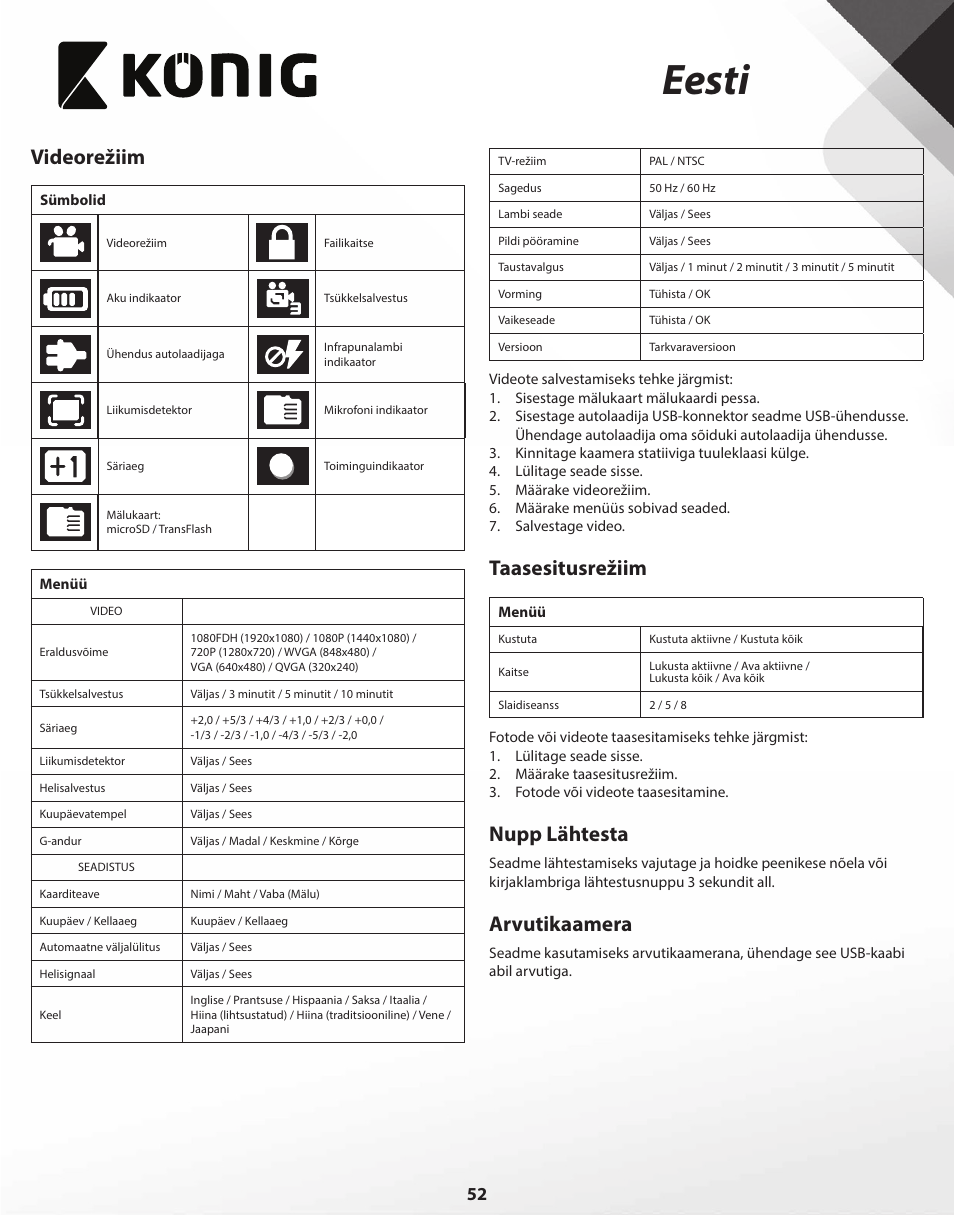 Eesti, Videorežiim, Taasesitusrežiim | Nupp lähtesta, Arvutikaamera | Konig Electronic Full HD car camera User Manual | Page 52 / 80