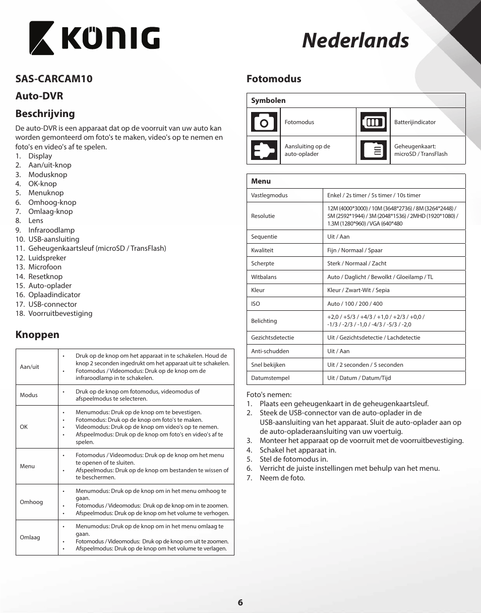 Nederlands, Sas-carcam10 auto-dvr beschrijving, Knoppen | Fotomodus | Konig Electronic Full HD car camera User Manual | Page 6 / 80