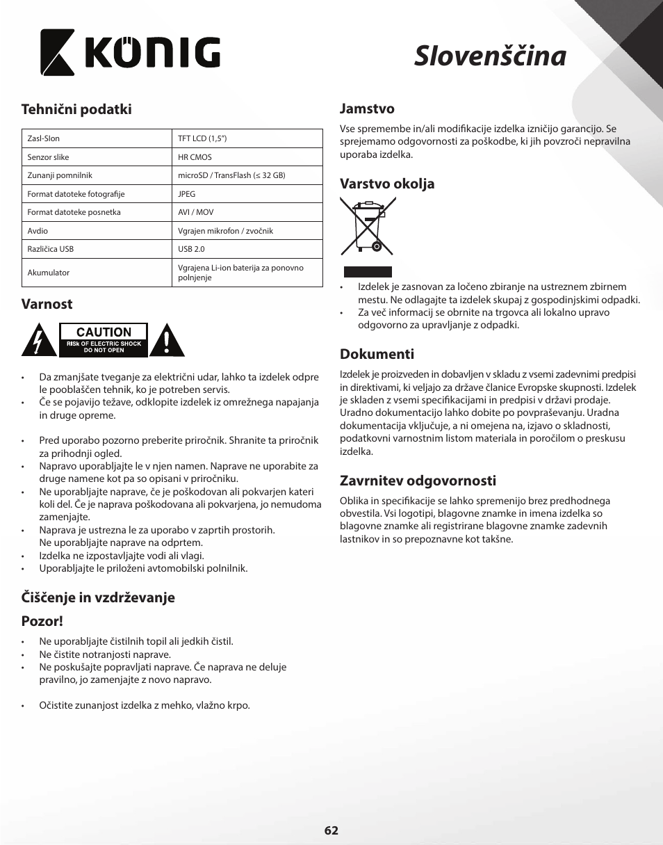 Siovenščina, Tehnični podatki, Varnost | Čiščenje in vzdrževanje pozor, Jamstvo, Varstvo okolja, Dokumenti, Zavrnitev odgovornosti | Konig Electronic Full HD car camera User Manual | Page 62 / 80