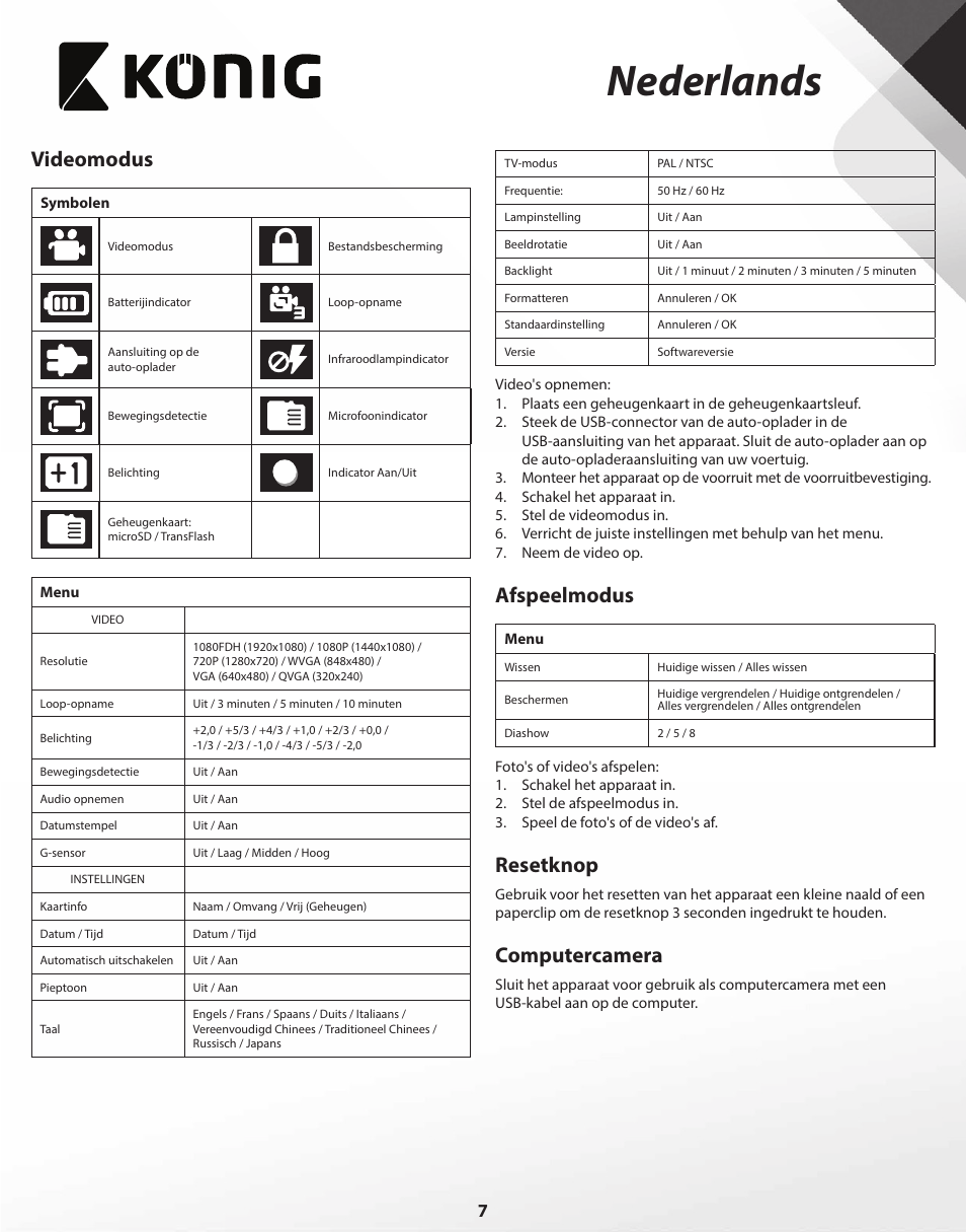 Nederlands, Videomodus, Afspeelmodus | Resetknop, Computercamera | Konig Electronic Full HD car camera User Manual | Page 7 / 80