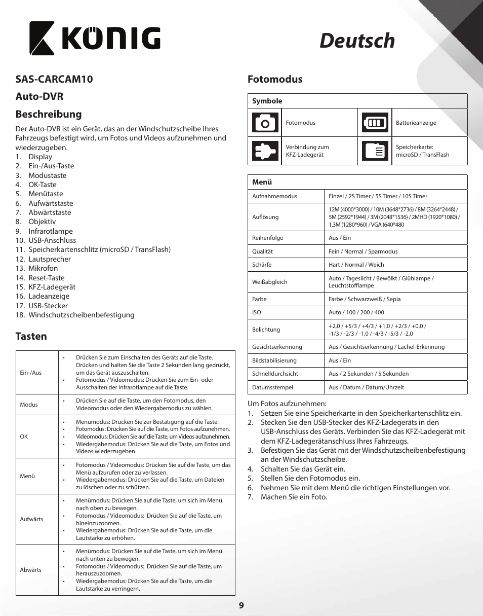 Deutsch, Sas-carcam10 auto-dvr beschreibung, Tasten | Fotomodus | Konig Electronic Full HD car camera User Manual | Page 9 / 80