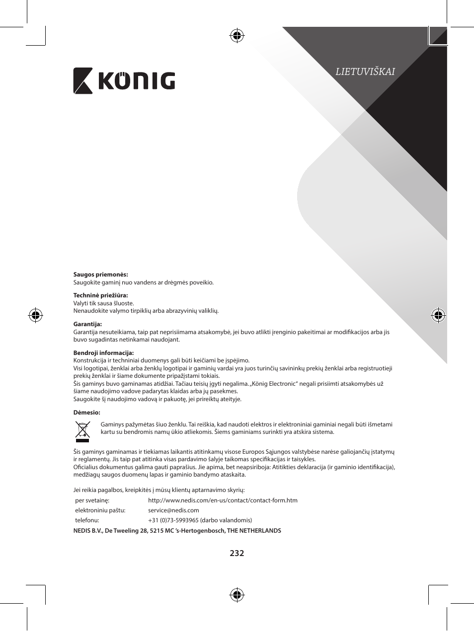 Lietuviškai | Konig Electronic Wireless alarm system User Manual | Page 232 / 276