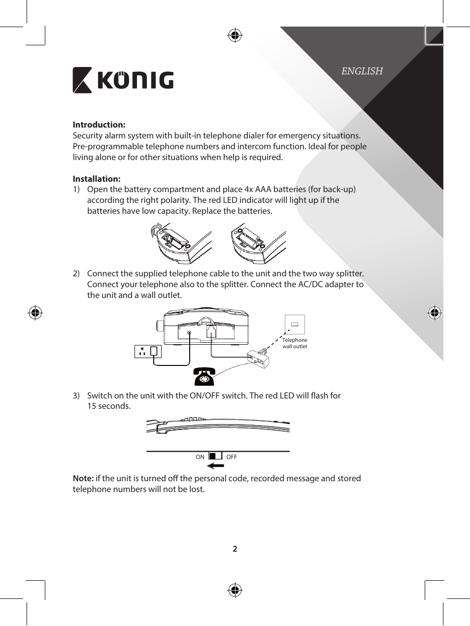 English | Konig Electronic telephone dialer with panic button User Manual | Page 2 / 101