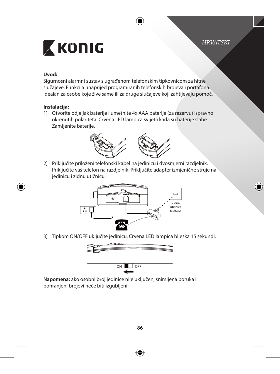 Hrvatski | Konig Electronic telephone dialer with panic button User Manual | Page 86 / 101