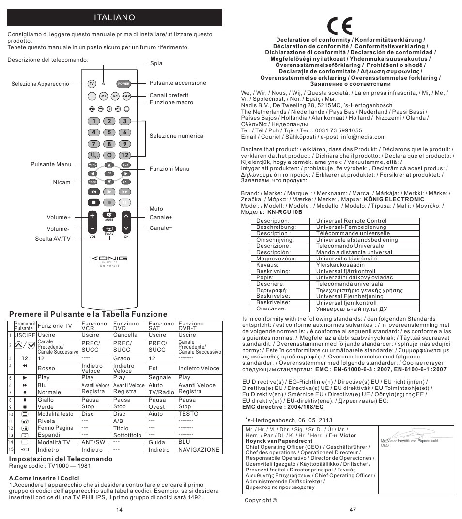 页 14, Italiano, Premere il pulsante e la tabella funzione | Konig Electronic Universal remote control for 1 TV User Manual | Page 14 / 30
