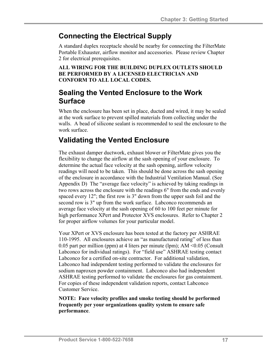 Connecting the electrical supply, Sealing the vented enclosure to the work surface, Validating the vented enclosure | Labconco XVS Ventilation Stations 4865060 User Manual | Page 21 / 59