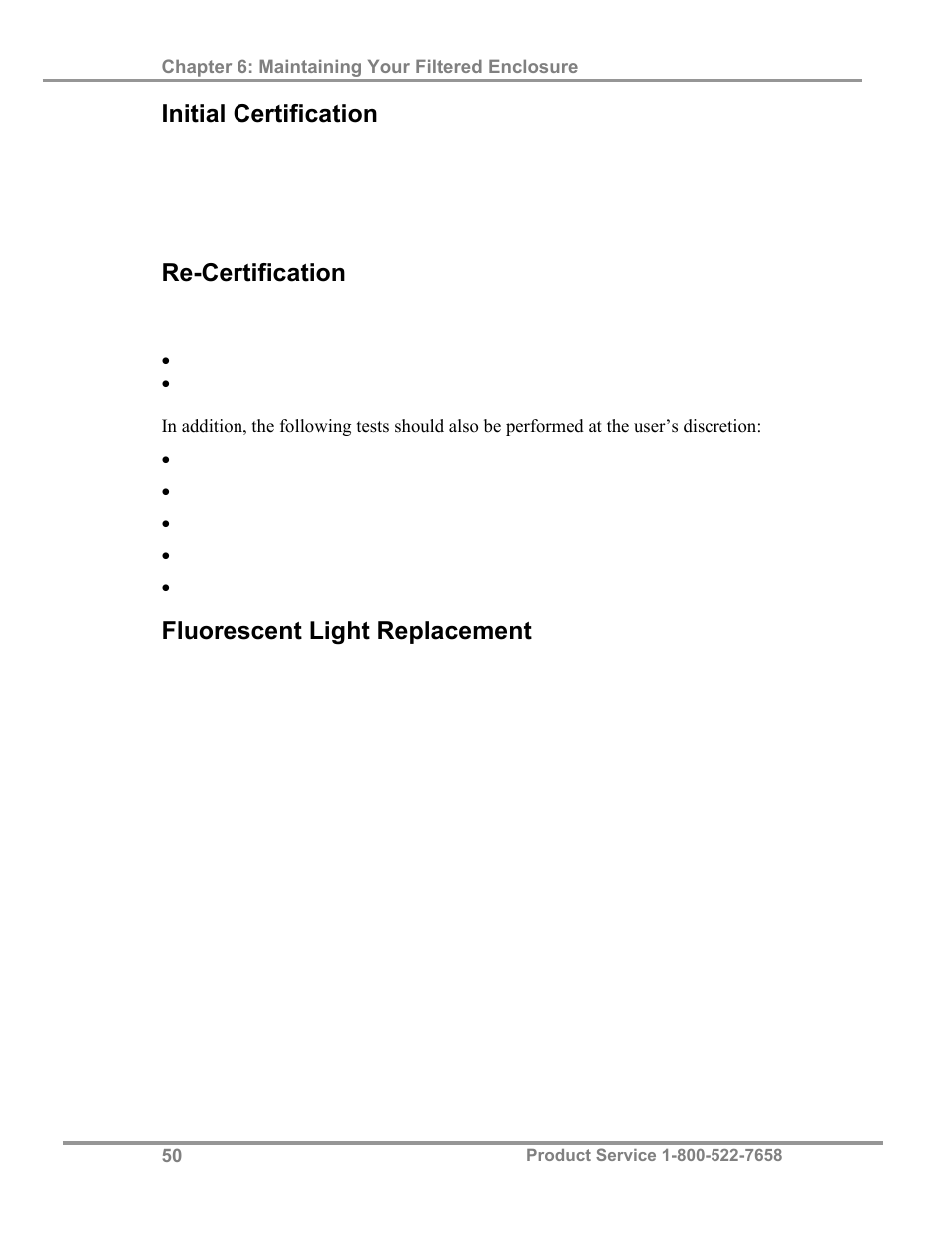 Initial certification, Re-certification, Fluorescent light replacement | Labconco XPert Filtered Balance Stations 3962622 User Manual | Page 54 / 81