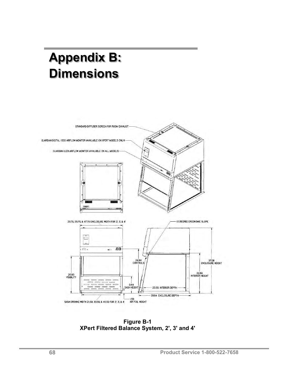 Appendix b: dimensions | Labconco XPert Filtered Balance Stations 3962622 User Manual | Page 72 / 81