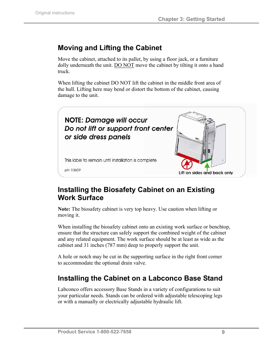 Moving and lifting the cabinet, Installing the cabinet on a labconco base stand | Labconco Biological Safety Cabinets 34269 Series User Manual | Page 15 / 77