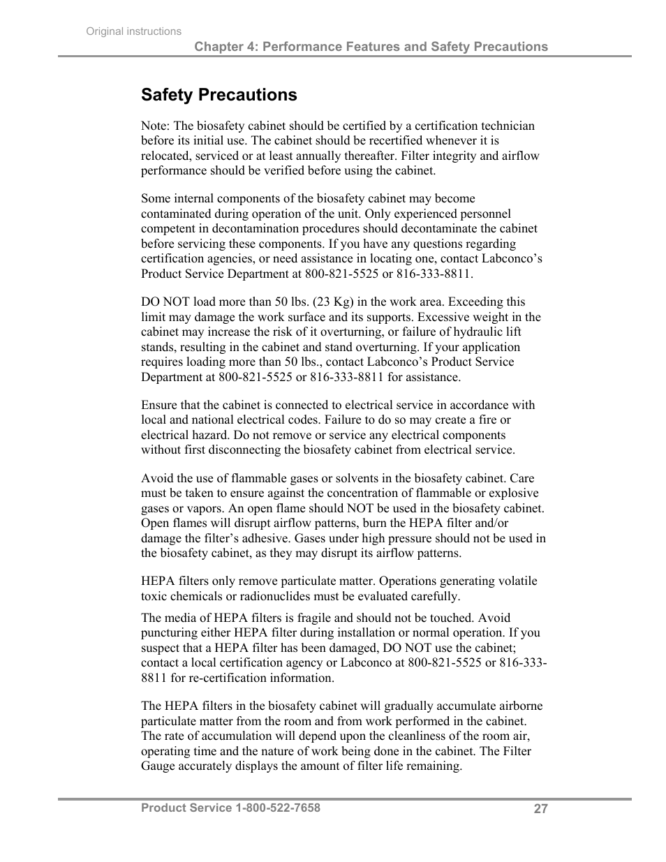 Safety precautions | Labconco Biological Safety Cabinets 34269 Series User Manual | Page 33 / 77