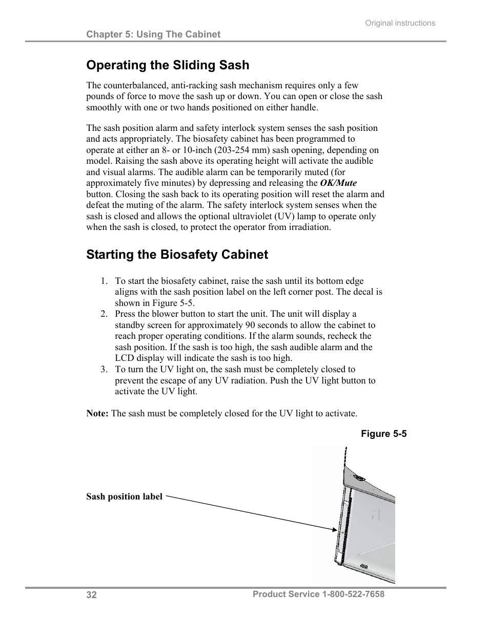 Operating the sliding sash, Starting the biosafety cabinet | Labconco Biological Safety Cabinets 34269 Series User Manual | Page 38 / 77