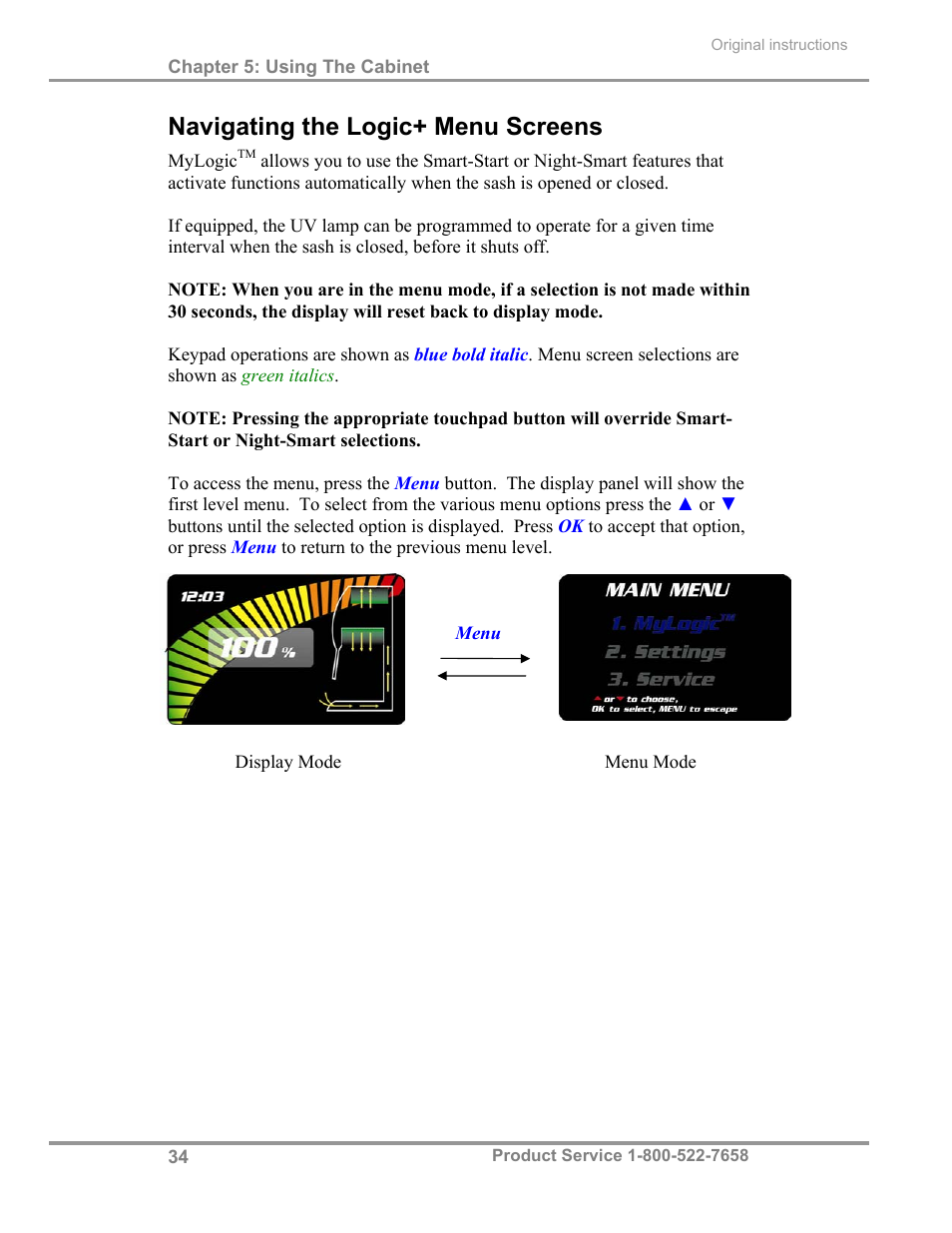 Navigating the logic+ menu screens | Labconco Biological Safety Cabinets 34269 Series User Manual | Page 40 / 77