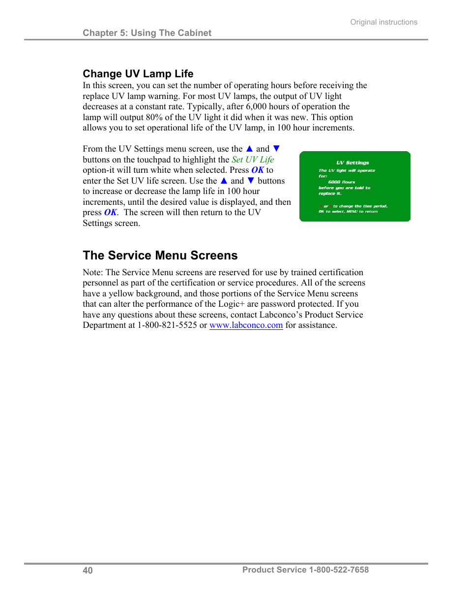 The service menu screens | Labconco Biological Safety Cabinets 34269 Series User Manual | Page 46 / 77